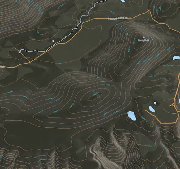 Satellite terrain with contour lines and elevation labels, used for the illustrative e-scouting demo