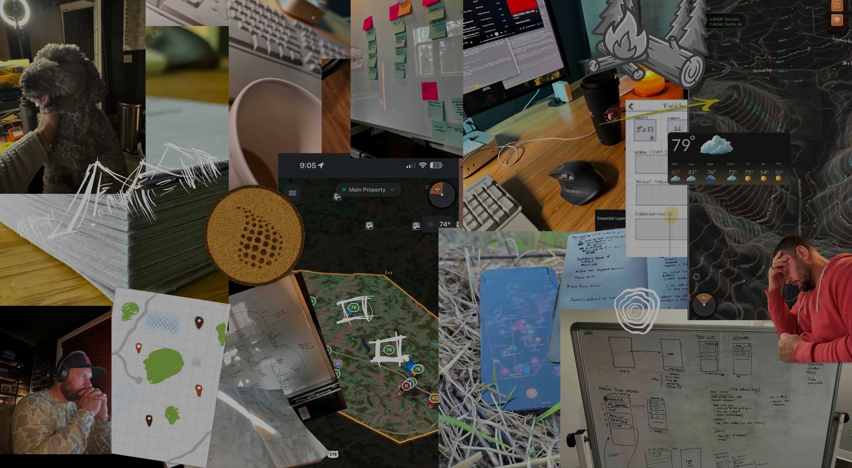 The real work behind Ember: field sketches, LiDAR terrain passes, whiteboard app flows, score-chip maps, and the app being tested on real ground.