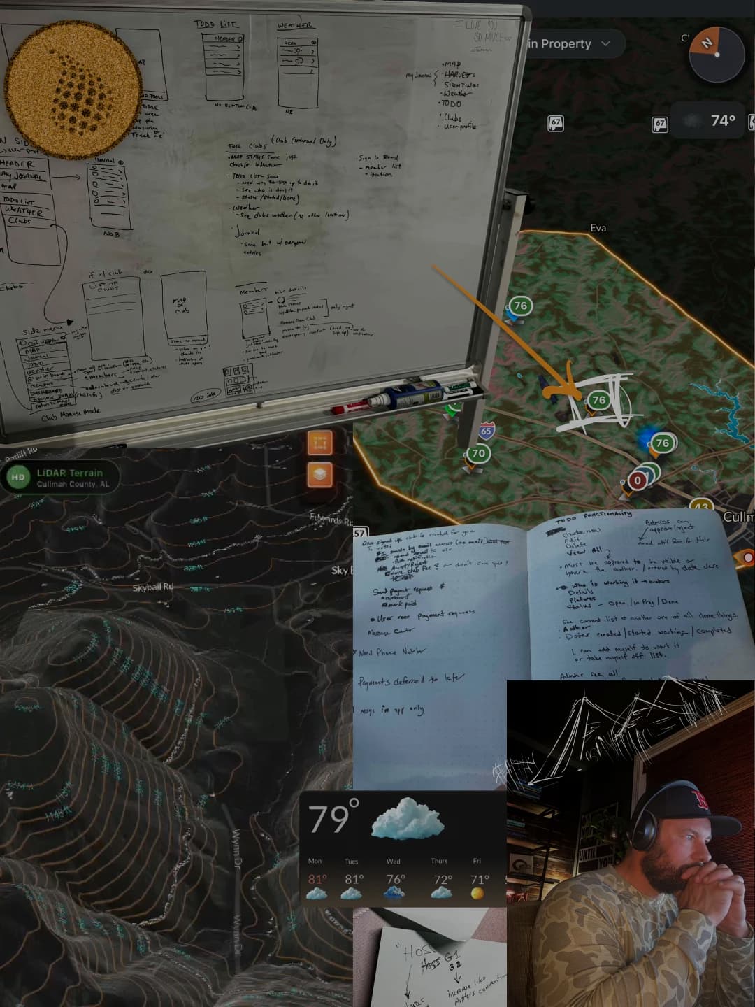 The real work behind Ember: field sketches, LiDAR terrain passes, whiteboard app flows, score-chip maps, and the app being tested on real ground.