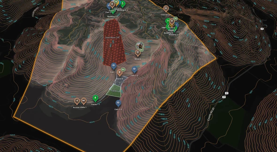 Shaded relief basemap over the property