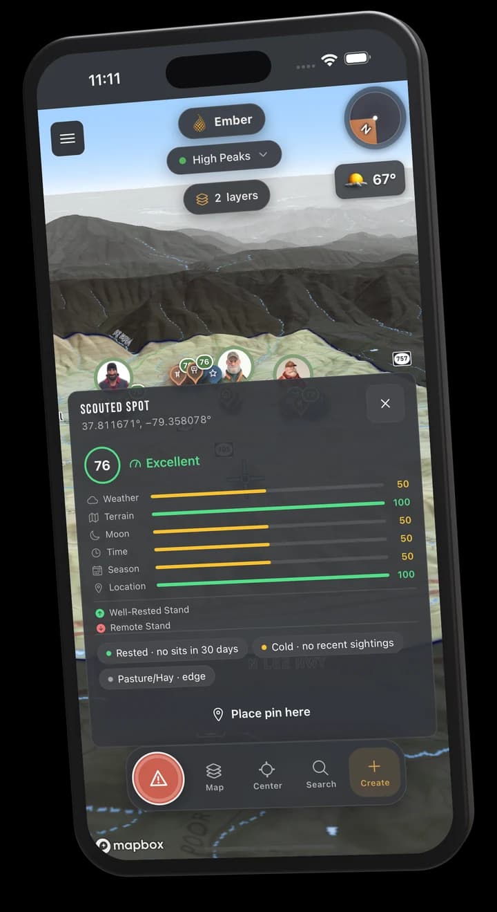An iPhone showing Ember's Scouted Spot screen: a score of 76, Excellent, six factor bars for weather, terrain, moon, time, season and location, and a Place pin here button over a terrain map.