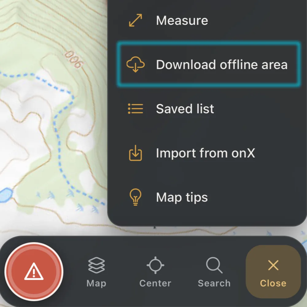 Ember’s map menu with Download offline area highlighted, next to the terrain to be saved.