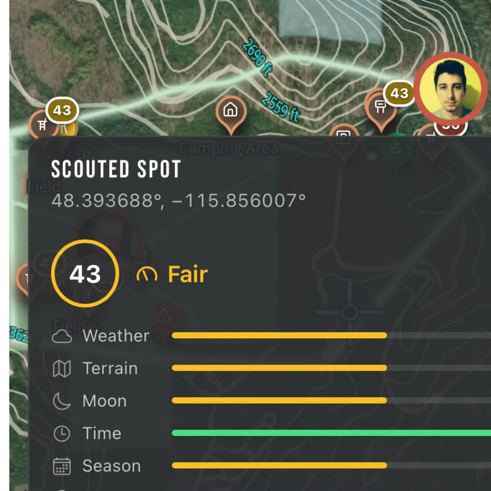 The Scout Spot detail sheet, showing a Fair 43 score broken into weather, terrain, moon, time, and season factors.