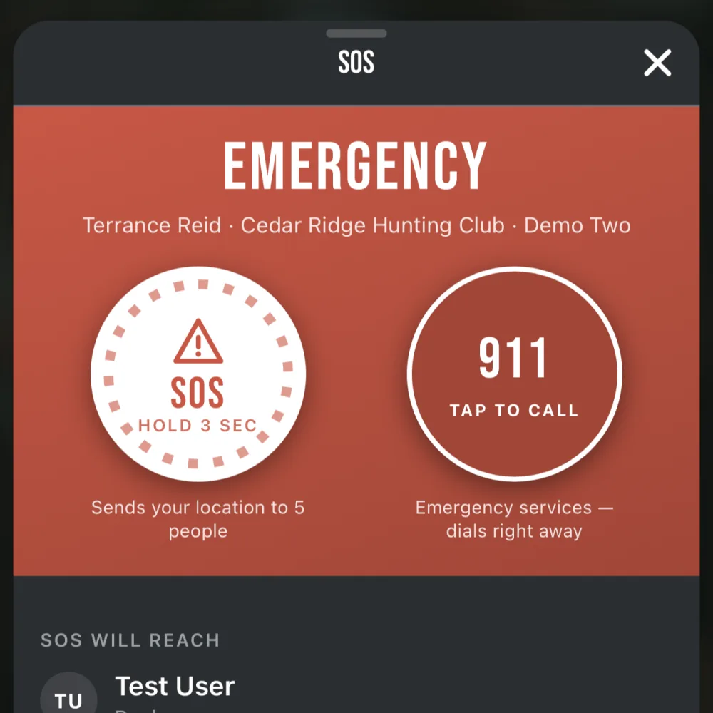 The redesigned Ember SOS screen with a one-tap 911 call and a hold-to-send alert button.