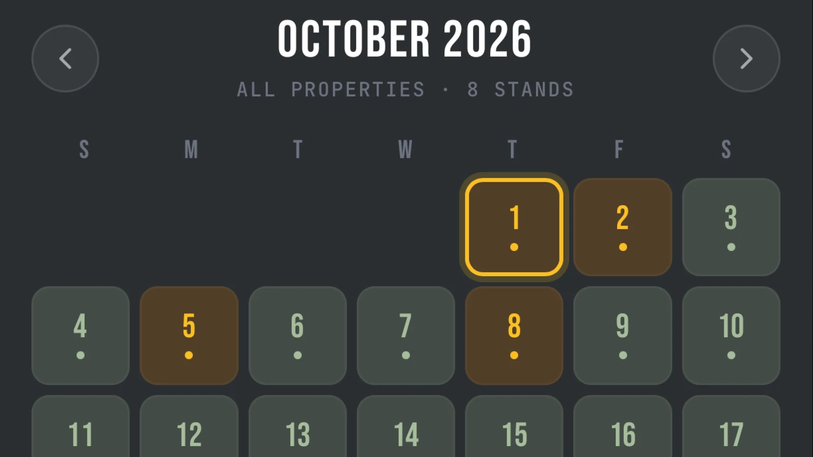 Ember's October 2026 hunt calendar for all properties, each day color-coded by how many stands are open.