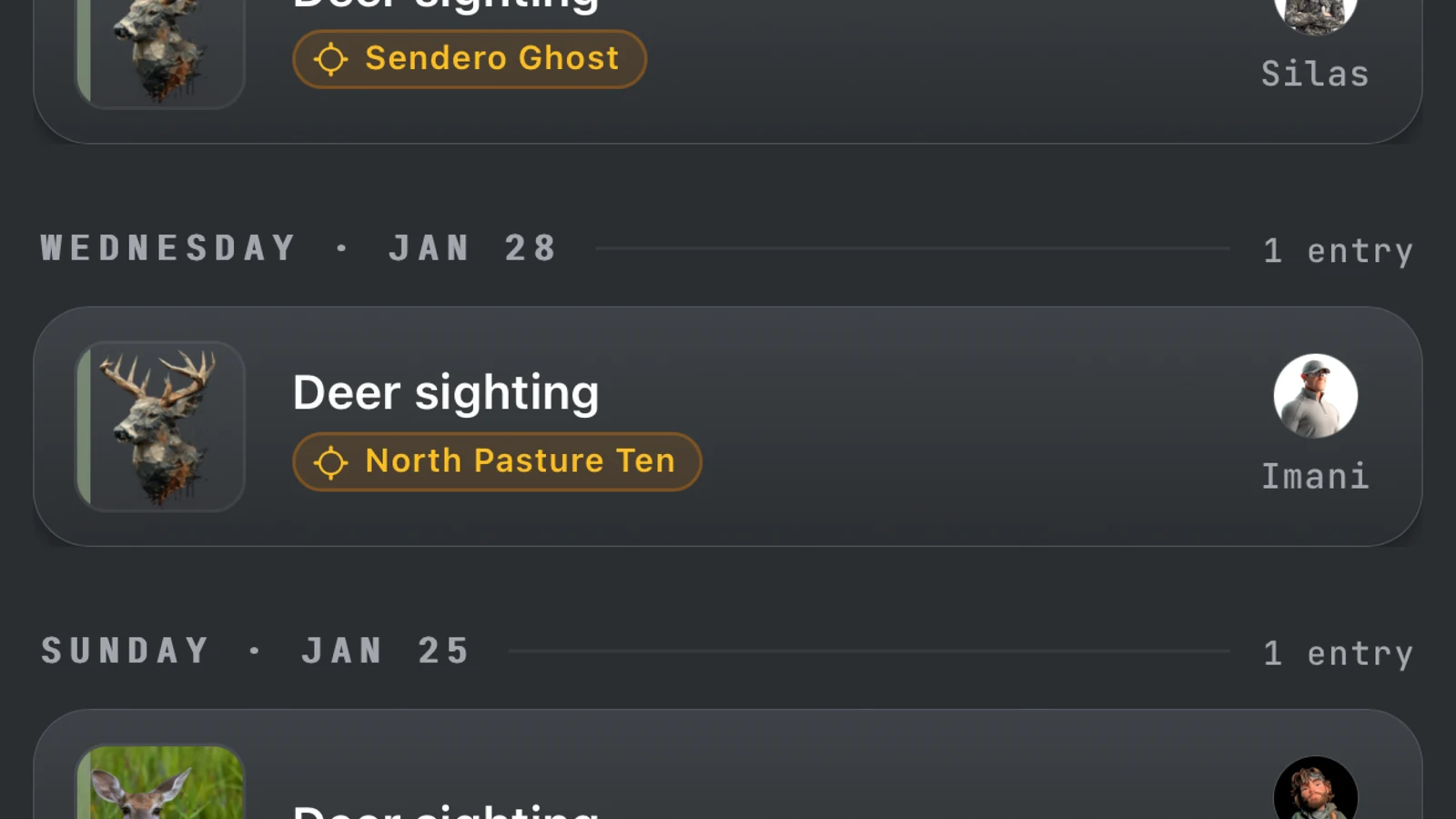 Ember's club journal: deer sightings grouped by date, each tagged with the buck and the member who logged it.