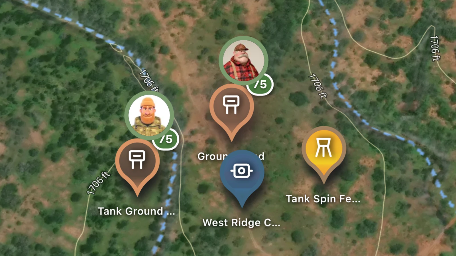 Ember's shared lease map on aerial imagery: stand and camera pins, member avatars and Breakdown scores of 75.