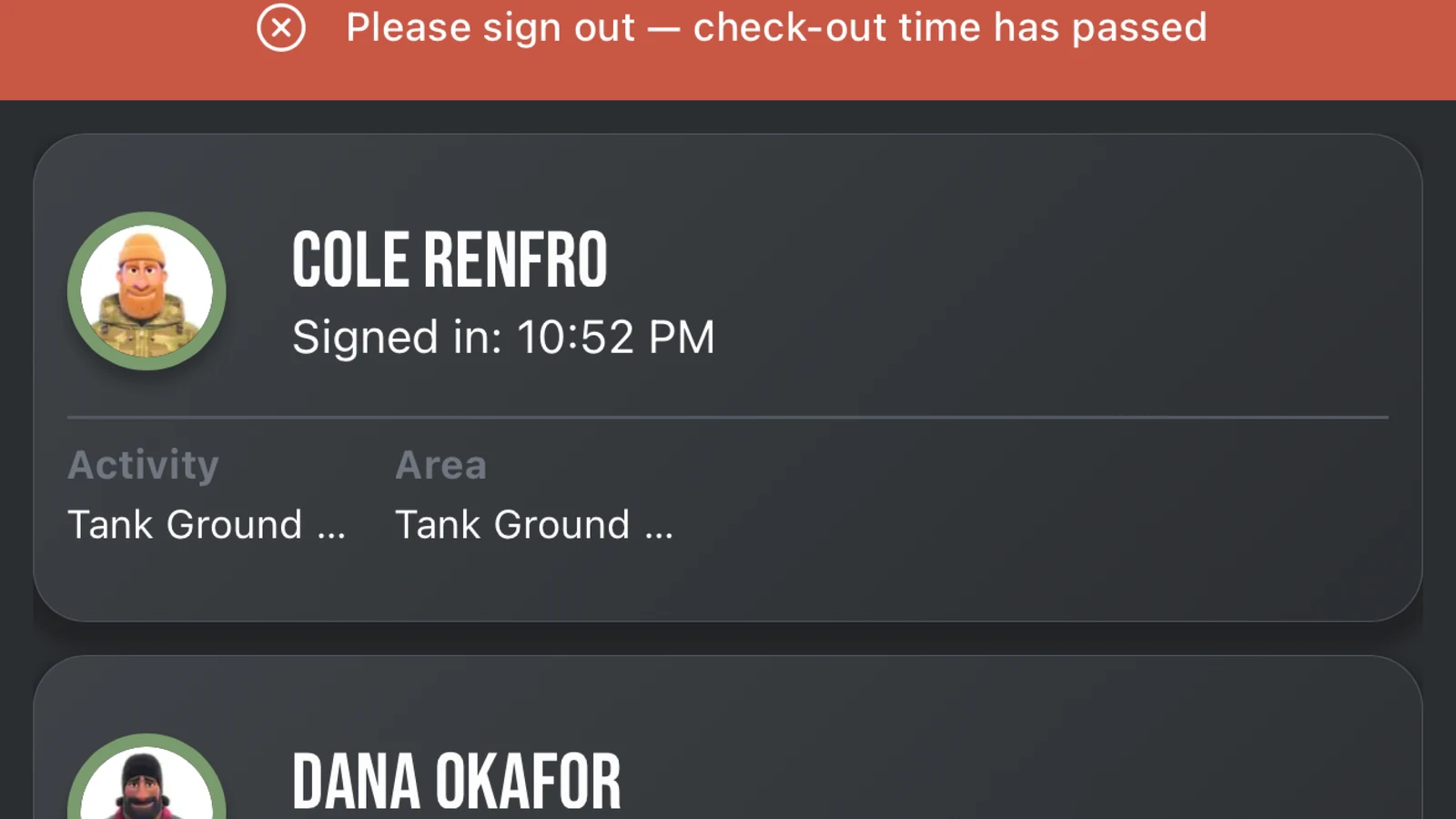 Ember's check-in list: a red banner reading Please sign out, check-out time has passed, above a member's sign-in time, activity and area.