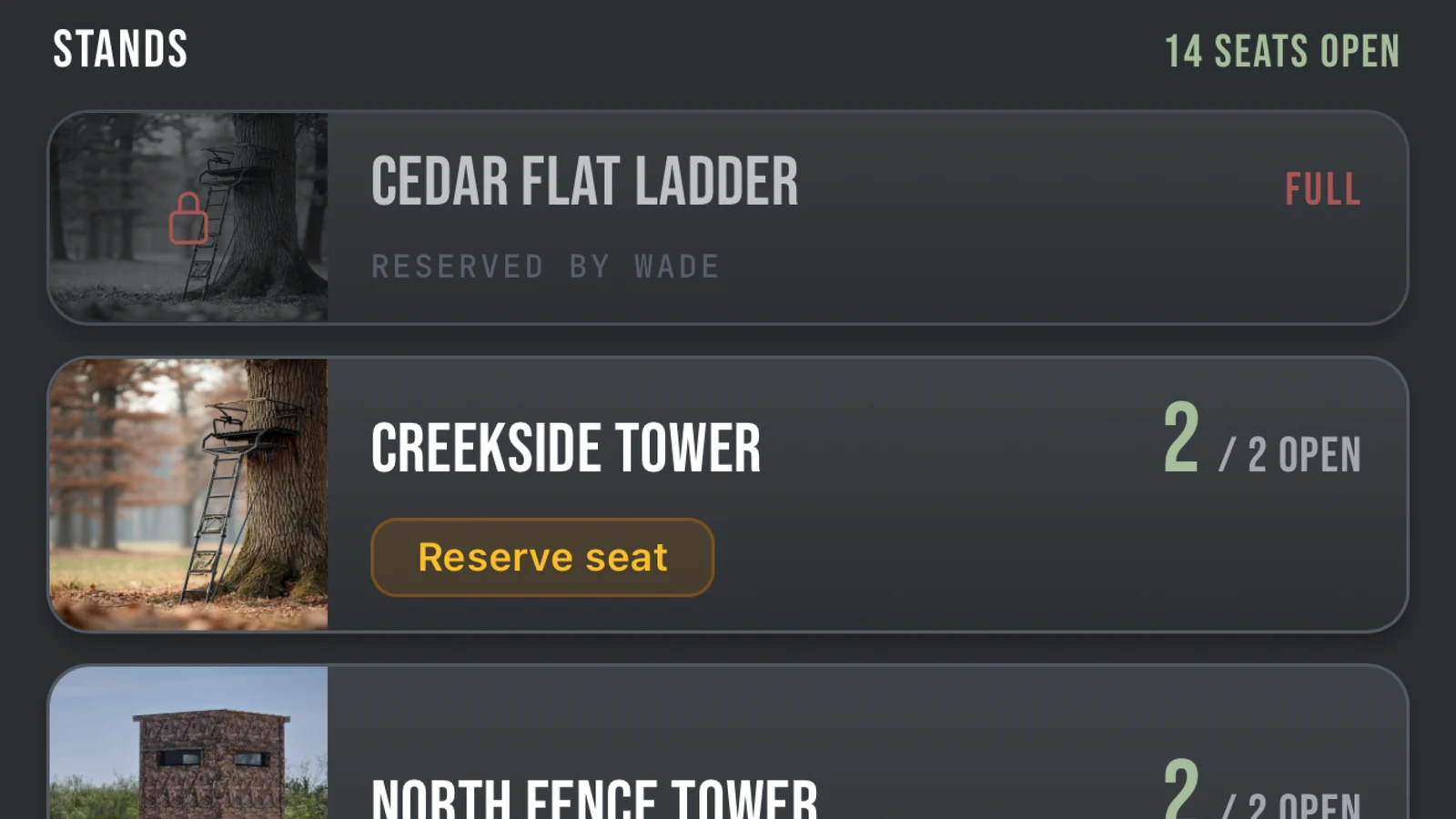 Ember's stand list: Cedar Flat Ladder is full and reserved by Wade, Creekside Tower shows 2 of 2 seats open with a Reserve seat button, and the header reads 14 seats open.