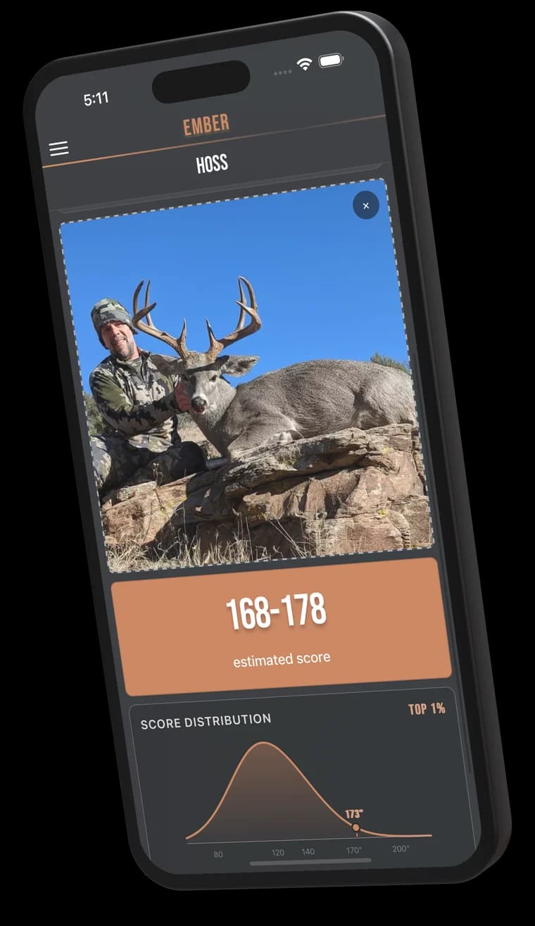 An iPhone showing HOSS G1 in Ember: a buck photo, an estimated score range of 168 to 178, and a score distribution chart showing where it ranks