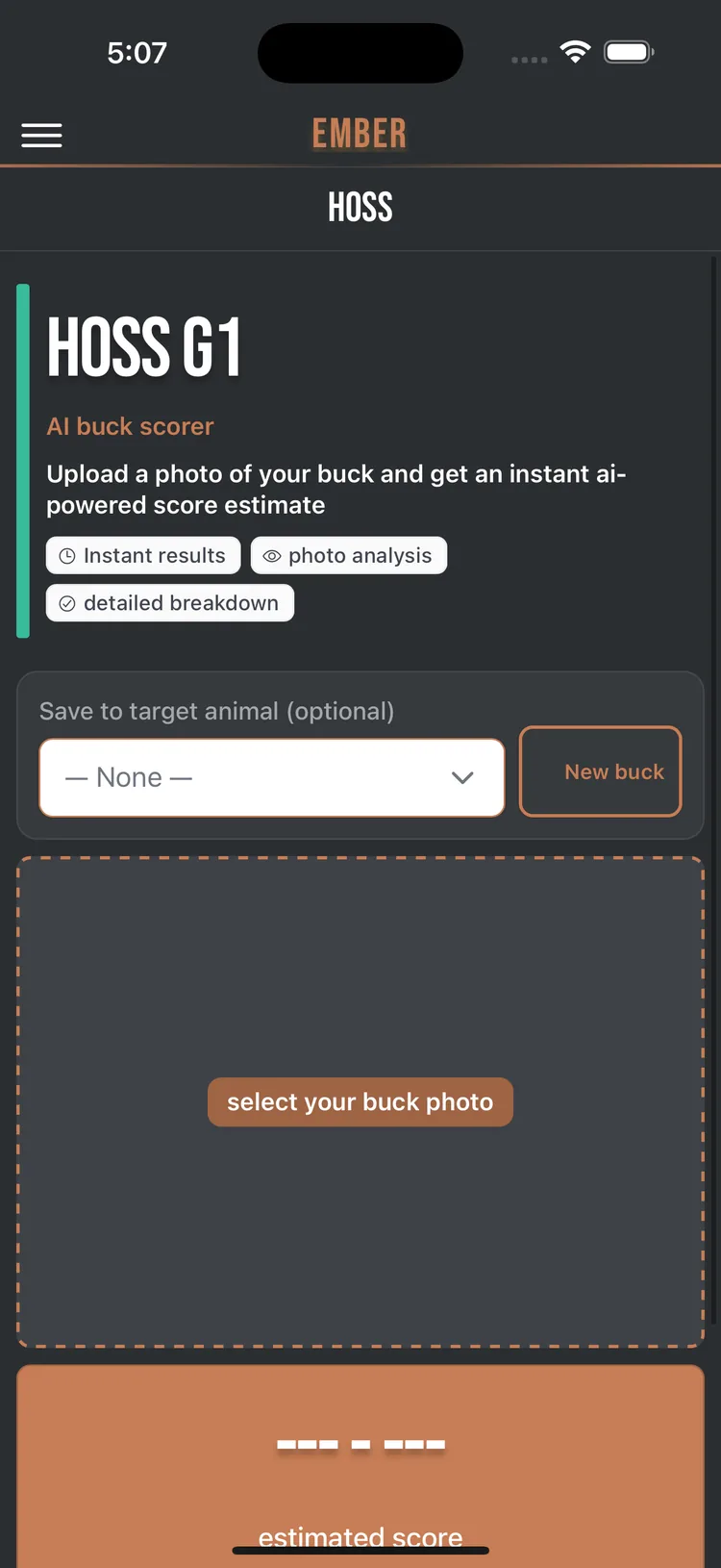 The HOSS screen in Ember, ready for you to select a buck photo to score.