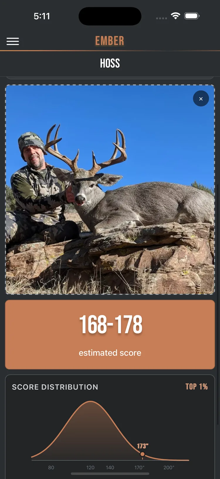 HOSS’s result in Ember: an estimated score range of 168 to 178 and a score distribution chart.