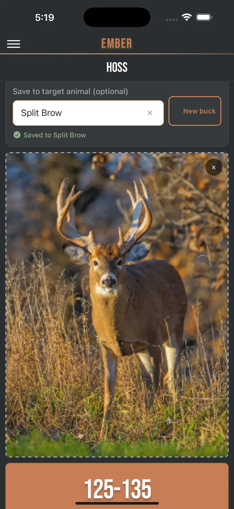 HOSS in Ember with a scored buck photo, an estimate of 125 to 135, and a “Saved to Split Brow” confirmation.