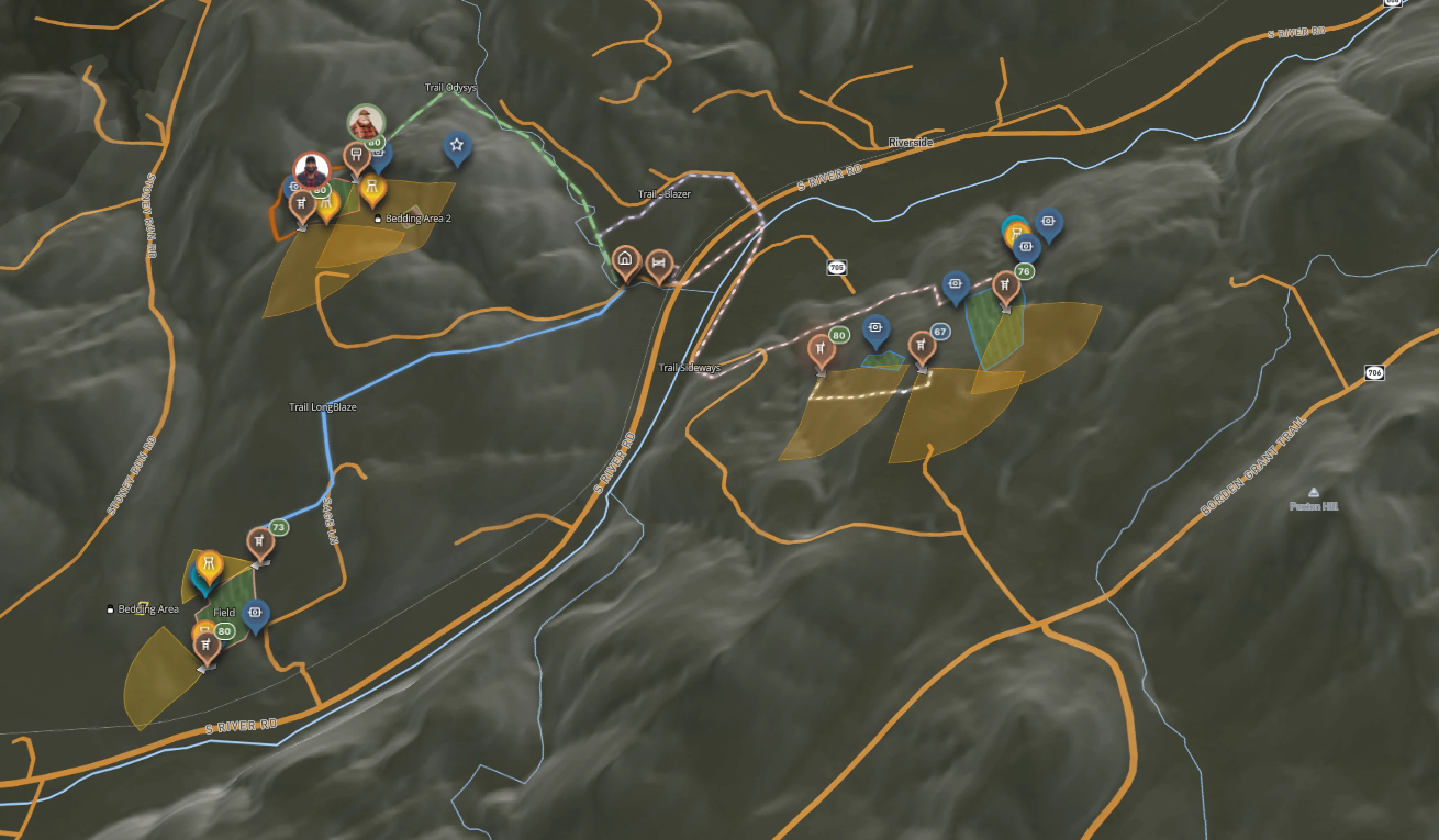 Ember's shared 3D property map for a club: stands, cameras, food plots, trails and access routes pinned for the whole crew, each stand pin carrying its Breakdown score.