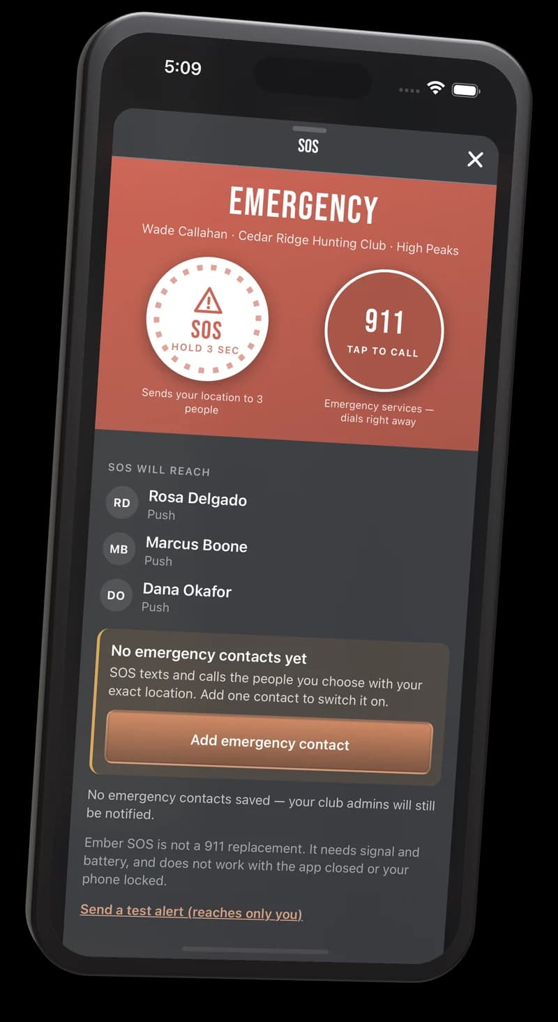 An iPhone showing Ember's SOS screen: a hold-for-3-seconds SOS button, a tap-to-call 911 button, and the list of club members the alert will reach.